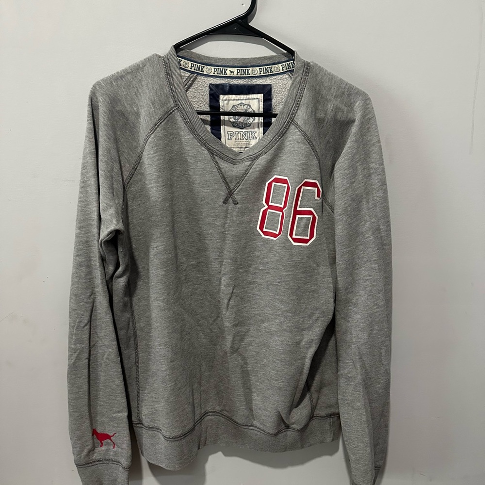 PINK Victoria's Secret Men's V-Neck Sweater in Gray with Red Accents